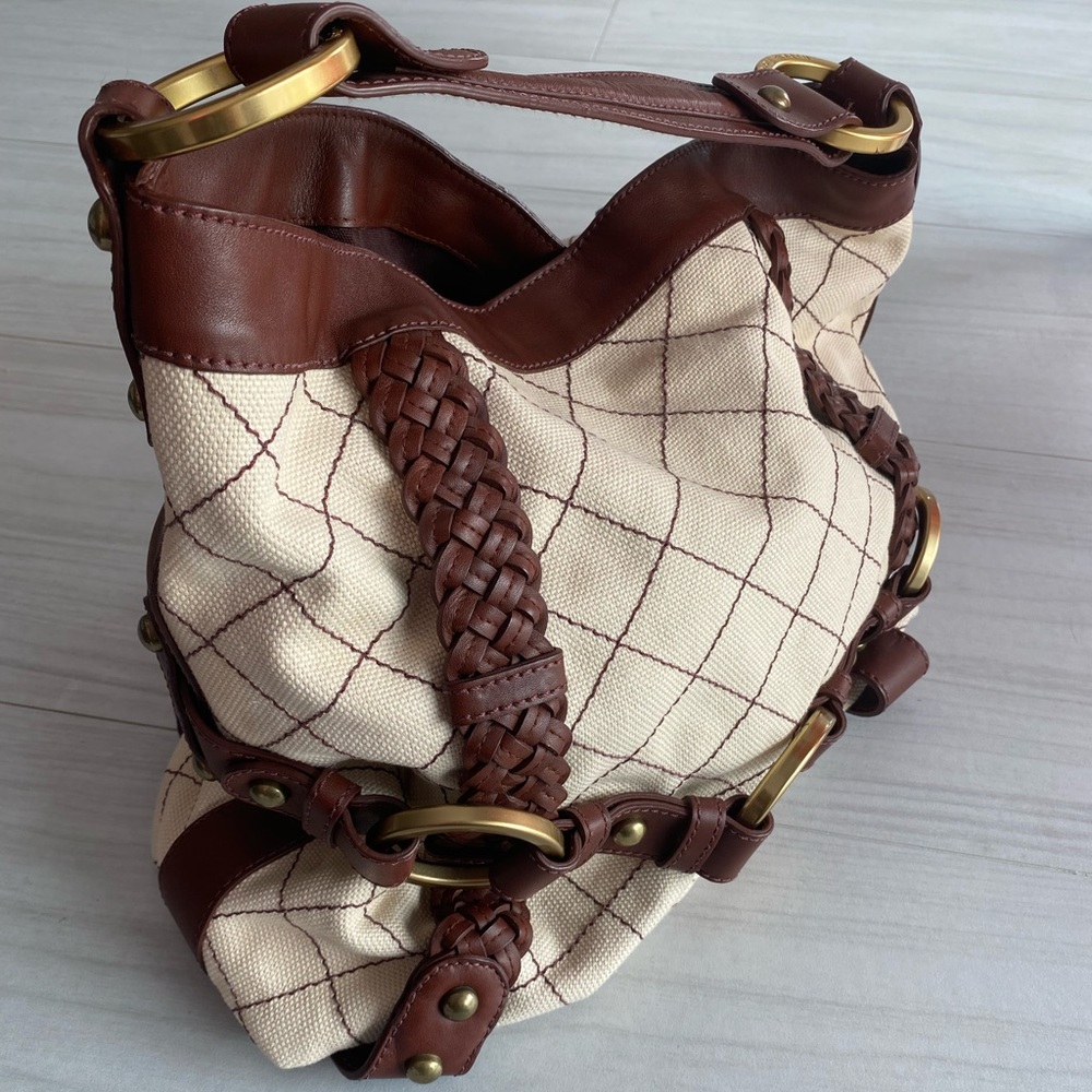 Beautiful Vintage Isabella Fiore beige bag with brown leather.